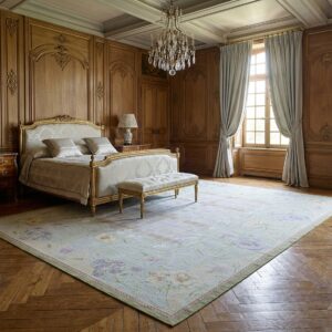 Vintage Aubusson Flat Weave Rug, Light Blue Art Nouveau Floral (SKU FA5133LBL9X12), styled in a bedroom