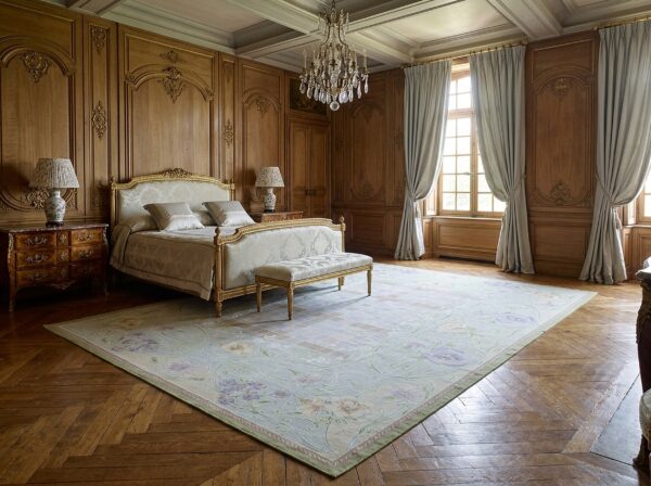 Vintage aubusson flat weave rug, light blue art nouveau floral, 9' x 12' 15 Vintage aubusson flat weave rug, light blue art nouveau floral (sku fa5133lbl9x12), styled in a bedroom