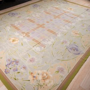Vintage Aubusson flat weave rug, Light Blue Art Nouveau Floral (SKU FA5133LBL9X12), detail 1