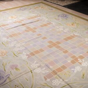Vintage Aubusson flat weave rug, Light Blue Art Nouveau Floral (SKU FA5133LBL9X12), detail 3