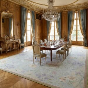 Vintage Aubusson Flat Weave Rug, Light Blue Art Nouveau Floral (SKU FA5133LBL9X12), styled in a dining room
