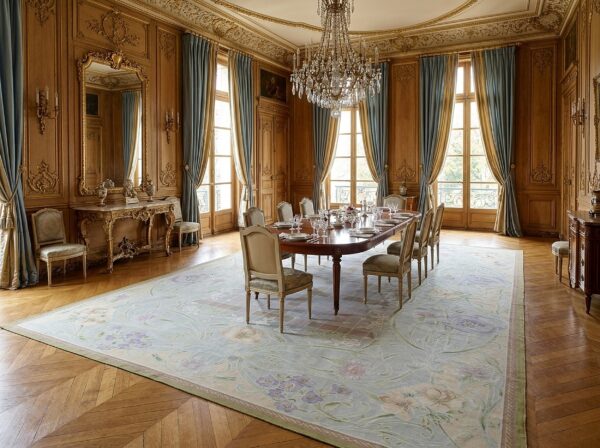 Vintage aubusson flat weave rug, light blue art nouveau floral, 9' x 12' 14 Vintage aubusson flat weave rug, light blue art nouveau floral (sku fa5133lbl9x12), styled in a dining room