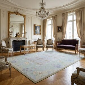 Vintage Aubusson Flat Weave Rug, Light Blue Art Nouveau Floral (SKU FA5133LBL9X12), styled in a living room