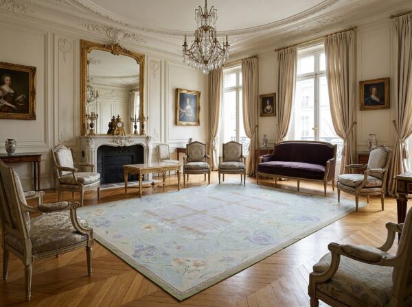 Vintage aubusson flat weave rug, light blue art nouveau floral, 9' x 12' 13 Vintage aubusson flat weave rug, light blue art nouveau floral (sku fa5133lbl9x12), styled in a living room
