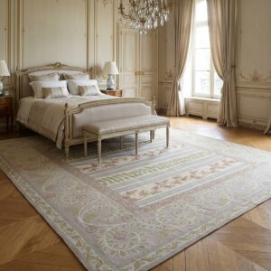 Vintage Aubusson Flat Weave Rug, Lilac Grey Fern Stripe (SKU FA9082GY9X12), styled in a bedroom