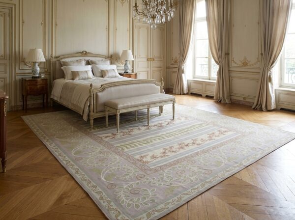 Vintage aubusson flat weave rug, lilac grey fern stripe, 9' x 12' 10 Vintage aubusson flat weave rug, lilac grey fern stripe (sku fa9082gy9x12), styled in a bedroom
