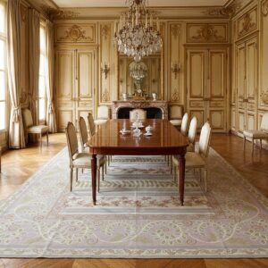 Vintage Aubusson Flat Weave Rug, Lilac Grey Fern Stripe (SKU FA9082GY9X12), styled in a dining room
