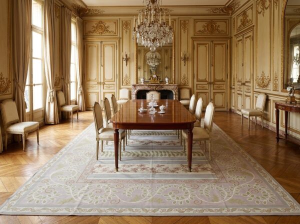 Vintage aubusson flat weave rug, lilac grey fern stripe, 9' x 12' 9 Vintage aubusson flat weave rug, lilac grey fern stripe (sku fa9082gy9x12), styled in a dining room