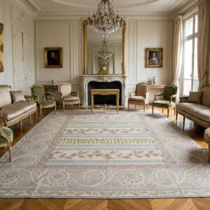 Vintage Aubusson Flat Weave Rug, Lilac Grey Fern Stripe (SKU FA9082GY9X12), styled in a living room
