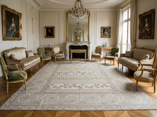 Vintage aubusson flat weave rug, lilac grey fern stripe, 9' x 12' 8 Vintage aubusson flat weave rug, lilac grey fern stripe (sku fa9082gy9x12), styled in a living room
