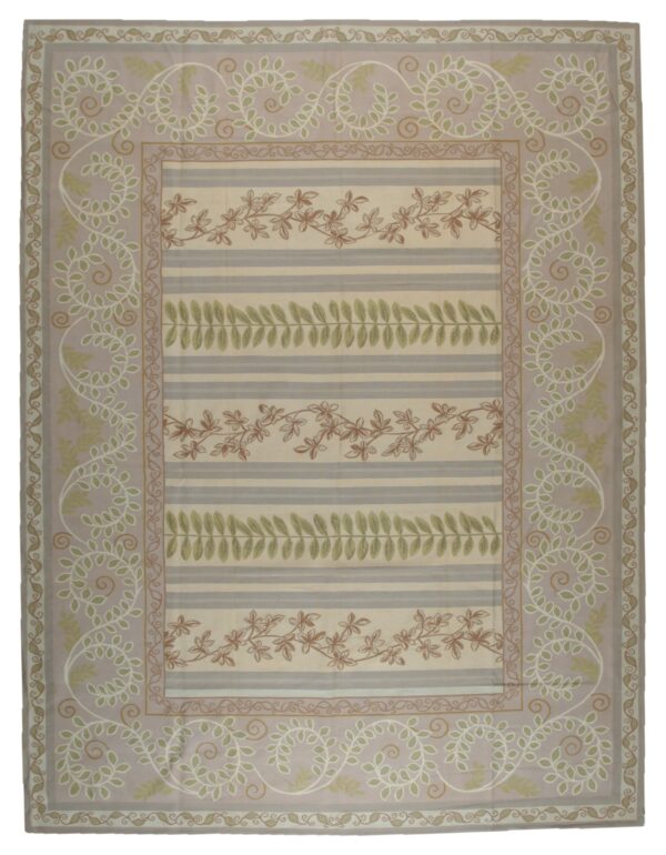 Vintage aubusson flat weave rug, lilac grey fern stripe, 9' x 12' 1 Vintage aubusson flat weave rug, lilac grey fern stripe (sku fa9082gy9x12), full view