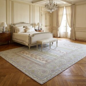 Vintage Aubusson Flat Weave Rug, Lilac Grey Fern and Vine Stripe (SKU FA5131GY9X12), styled in a bedroom