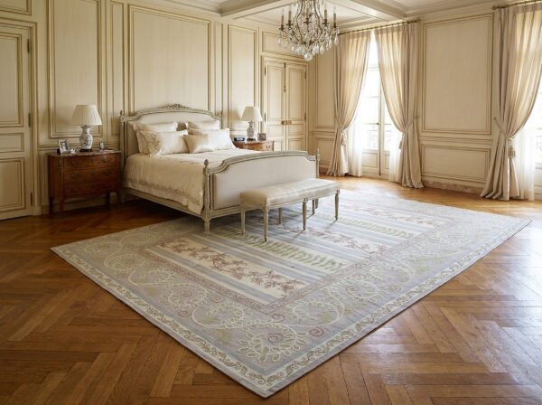 Vintage aubusson flat weave rug, lilac grey fern and vine stripe (sku fa5131gy9x12), styled in a bedroom