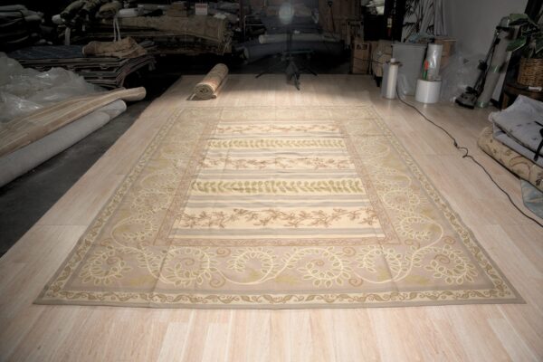 Vintage aubusson flat weave rug, lilac grey fern and vine stripe (sku fa5131gy9x12), detail 1