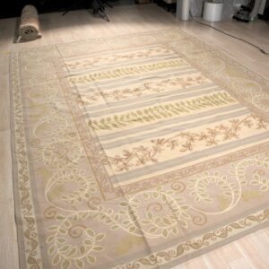 Vintage Aubusson flat weave rug, Lilac Grey Fern and Vine Stripe (SKU FA5131GY9X12), detail 2