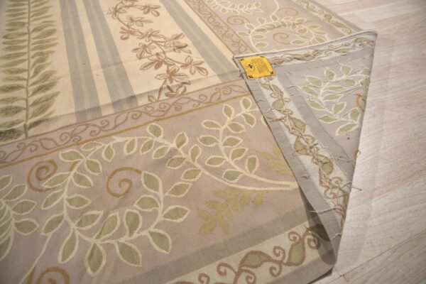 Vintage aubusson flat weave rug, lilac grey fern and vine stripe (sku fa5131gy9x12), detail 5