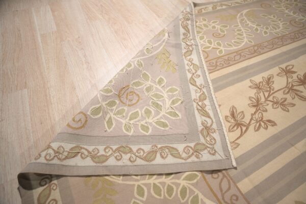 Vintage aubusson flat weave rug, lilac grey fern and vine stripe (sku fa5131gy9x12), detail 9