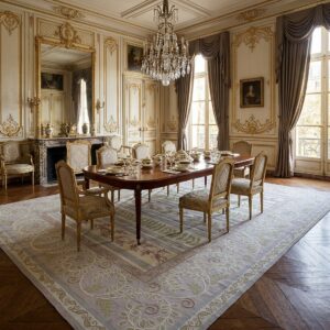 Vintage Aubusson Flat Weave Rug, Lilac Grey Fern and Vine Stripe (SKU FA5131GY9X12), styled in a dining room