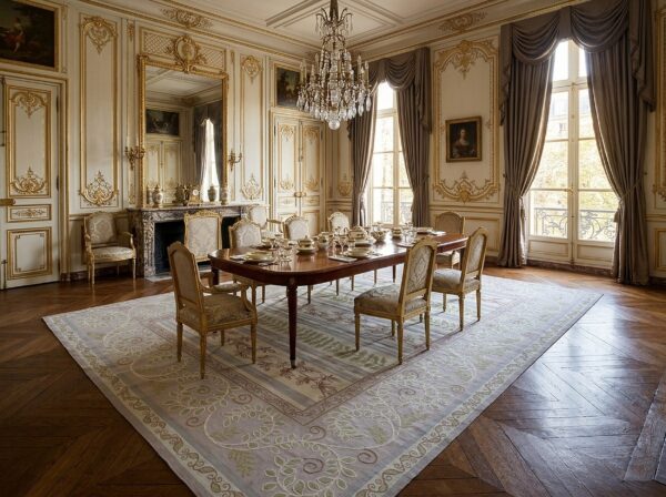 Vintage aubusson flat weave rug, lilac grey fern and vine stripe (sku fa5131gy9x12), styled in a dining room