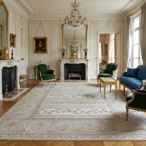 Vintage Aubusson Flat Weave Rug, Lilac Grey Fern and Vine Stripe (SKU FA5131GY9X12), styled in a living room