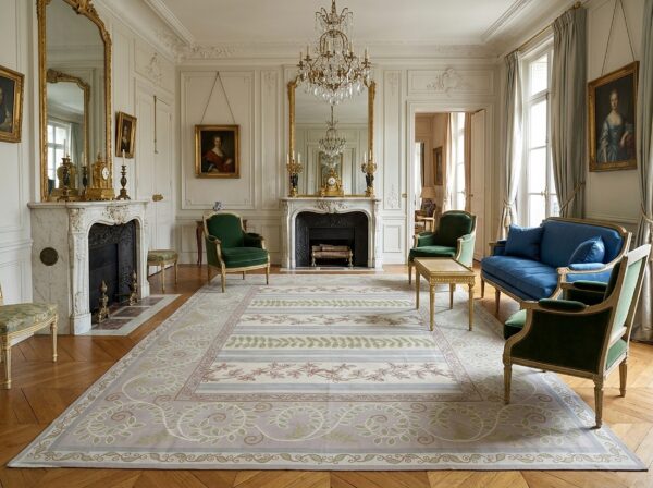Vintage aubusson flat weave rug, lilac grey fern and vine stripe (sku fa5131gy9x12), styled in a living room