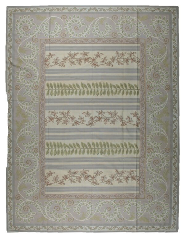 Vintage aubusson flat weave rug, lilac grey fern and vine stripe (sku fa5131gy9x12), full view