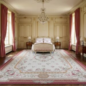 Vintage Aubusson Flat Weave Rug, Louis Philippe Rose Wreath (SKU FA5037IV12X16), styled in a bedroom