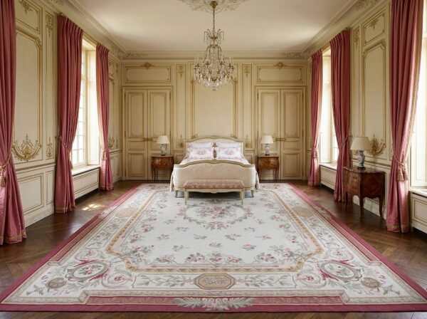 Vintage aubusson flat weave rug, louis philippe rose wreath, 12' x 16' 12 Vintage aubusson flat weave rug, louis philippe rose wreath (sku fa5037iv12x16), styled in a bedroom