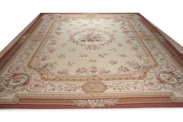 Vintage aubusson flat weave rug, louis philippe rose wreath, 12' x 16' 2 Vintage aubusson flat weave rug, louis philippe rose wreath (sku fa5037iv12x16), detail 1