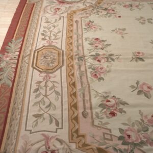 Vintage Aubusson flat weave rug, Louis Philippe Rose Wreath (SKU FA5037IV12X16), detail 2