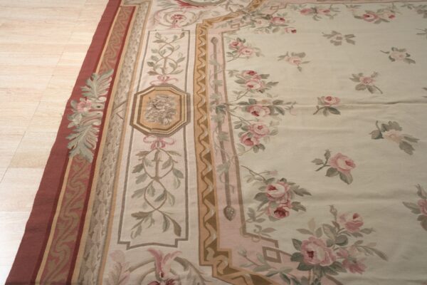 Vintage aubusson flat weave rug, louis philippe rose wreath, 12' x 16' 3 Vintage aubusson flat weave rug, louis philippe rose wreath (sku fa5037iv12x16), detail 2