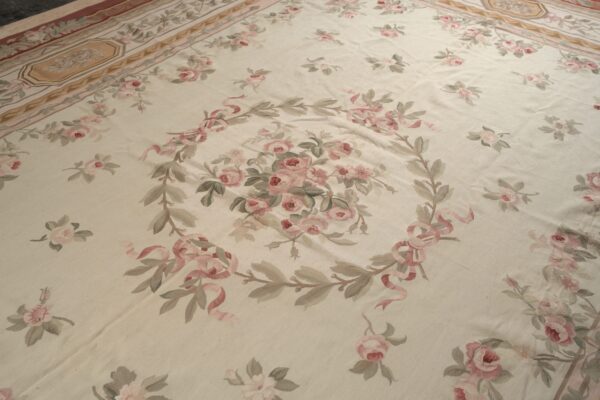Vintage aubusson flat weave rug, louis philippe rose wreath, 12' x 16' 4 Vintage aubusson flat weave rug, louis philippe rose wreath (sku fa5037iv12x16), detail 3