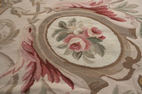 Vintage aubusson flat weave rug, louis philippe rose wreath, 12' x 16' 5 Vintage aubusson flat weave rug, louis philippe rose wreath (sku fa5037iv12x16), detail 4