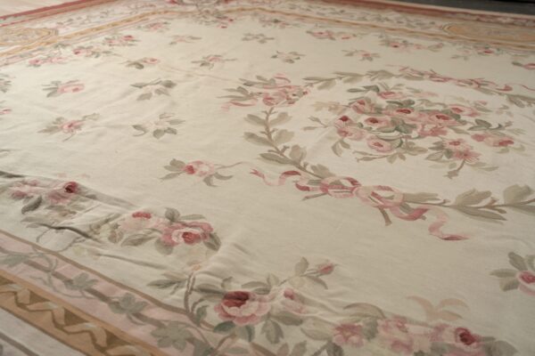 Vintage aubusson flat weave rug, louis philippe rose wreath, 12' x 16' 7 Vintage aubusson flat weave rug, louis philippe rose wreath (sku fa5037iv12x16), detail 6