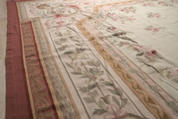 Vintage aubusson flat weave rug, louis philippe rose wreath, 12' x 16' 8 Vintage aubusson flat weave rug, louis philippe rose wreath (sku fa5037iv12x16), detail 7