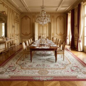 Vintage Aubusson Flat Weave Rug, Louis Philippe Rose Wreath (SKU FA5037IV12X16), styled in a dining room