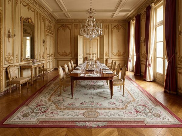 Vintage aubusson flat weave rug, louis philippe rose wreath, 12' x 16' 11 Vintage aubusson flat weave rug, louis philippe rose wreath (sku fa5037iv12x16), styled in a dining room