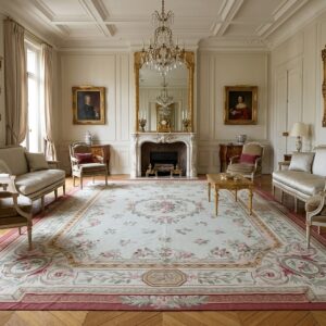 Vintage Aubusson Flat Weave Rug, Louis Philippe Rose Wreath (SKU FA5037IV12X16), styled in a living room