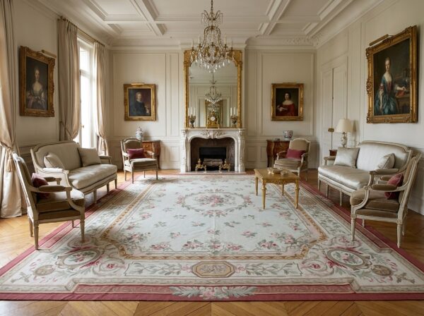 Vintage aubusson flat weave rug, louis philippe rose wreath, 12' x 16' 10 Vintage aubusson flat weave rug, louis philippe rose wreath (sku fa5037iv12x16), styled in a living room