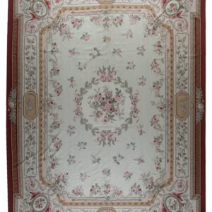 Vintage Aubusson flat weave rug, Louis Philippe Rose Wreath (SKU FA5037IV12X16), full view