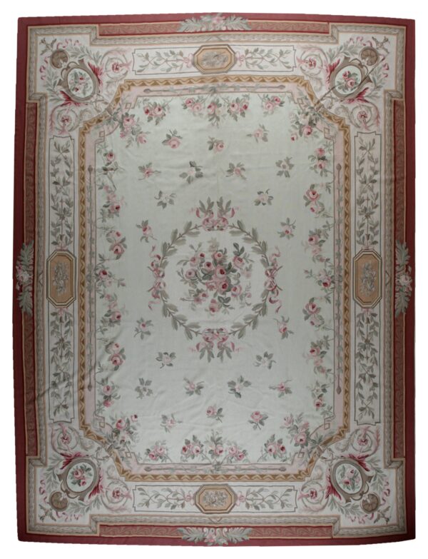 Vintage aubusson flat weave rug, louis philippe rose wreath, 12' x 16' 1 Vintage aubusson flat weave rug, louis philippe rose wreath (sku fa5037iv12x16), full view