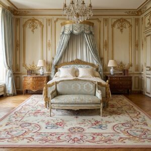 Vintage Aubusson Flat Weave Rug, Louis XV Rosette Medallion (SKU FA5089AIV9X12), styled in a bedroom