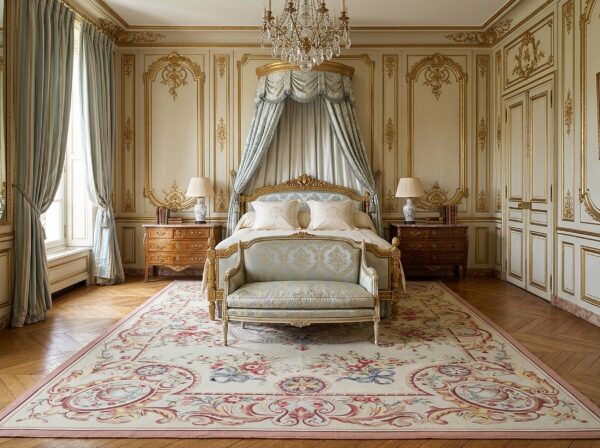 Vintage aubusson flat weave rug, louis xv rosette medallion (sku fa5089aiv9x12), styled in a bedroom