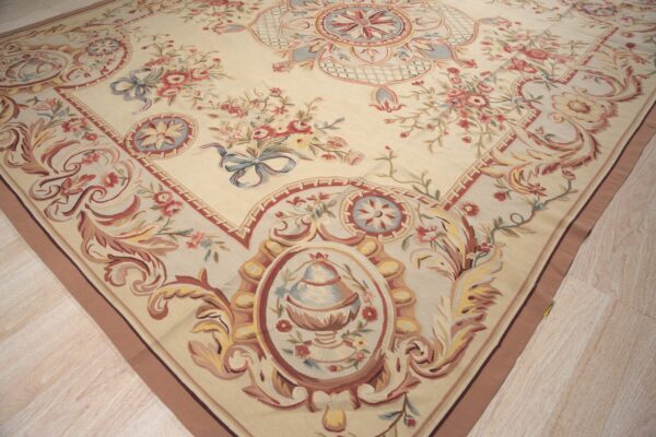 Vintage aubusson flat weave rug, louis xv rosette medallion (sku fa5089aiv9x12), detail 2
