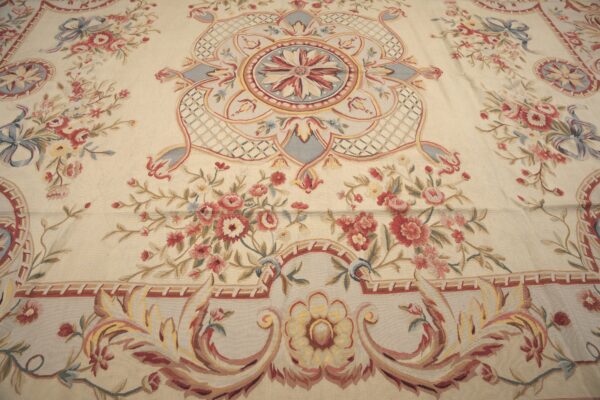 Vintage aubusson flat weave rug, louis xv rosette medallion (sku fa5089aiv9x12), detail 3