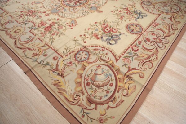 Vintage aubusson flat weave rug, louis xv rosette medallion (sku fa5089aiv9x12), detail 4