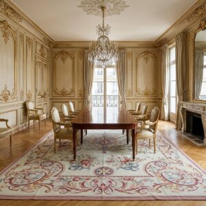 Vintage Aubusson Flat Weave Rug, Louis XV Rosette Medallion (SKU FA5089AIV9X12), styled in a dining room