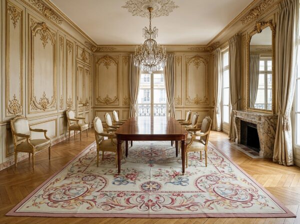 Vintage aubusson flat weave rug, louis xv rosette medallion (sku fa5089aiv9x12), styled in a dining room