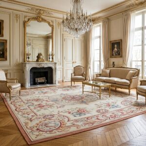 Vintage Aubusson Flat Weave Rug, Louis XV Rosette Medallion (SKU FA5089AIV9X12), styled in a living room