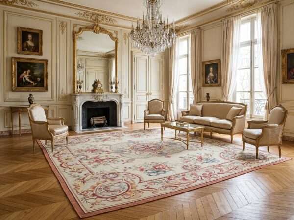 Vintage aubusson flat weave rug, louis xv rosette medallion (sku fa5089aiv9x12), styled in a living room